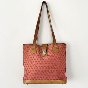 Vintage Dooney and Bourke Light Red Coral Pink Tan Monogram Tote Shoulder Bag